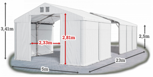 Skladový stan 5x23x2,5m střecha PVC 580g/m2 boky PVC 500g/m2 konstrukce POLÁRNÍ