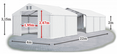 Skladový stan 4x22x2m střecha PVC 560g/m2 boky PVC 500g/m2 konstrukce ZIMA PLUS
