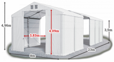 Skladový stan 8x23x3,5m střecha PVC 580g/m2 boky PVC 500g/m2 konstrukce ZIMA PLUS