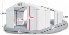 Skladový stan 5x15x2,5m strecha PVC 580g/m2 boky PVC 500g/m2 konštrukcia ZIMA