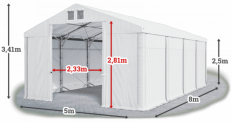 Skladový stan 5x8x2,5m střecha PVC 560g/m2 boky PVC 500g/m2 konstrukce POLÁRNÍ PLUS