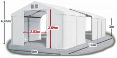 Skladový stan 8x14x3m střecha PVC 620g/m2 boky PVC 620g/m2 konstrukce ZIMA