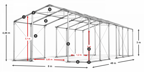 Skladový stan celoroční 8x48x3m nehořlavá plachta PVC 600g/m2 konstrukce ZIMA PLUS