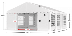 Párty stan 3x7x2m střecha PE 240g/m2 boky PE 240g/m2 konstrukce LÉTO
