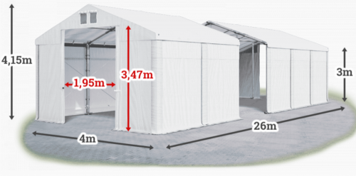 Skladový stan 4x26x3m střecha PVC 620g/m2 boky PVC 620g/m2 konstrukce ZIMA PLUS