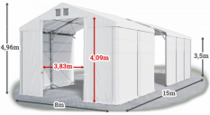 Skladový stan 8x15x3,5m střecha PVC 580g/m2 boky PVC 500g/m2 konstrukce POLÁRNÍ PLUS