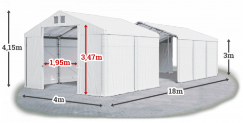 Skladový stan 4x18x3m střecha PVC 560g/m2 boky PVC 500g/m2 konstrukce ZIMA PLUS