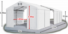 Skladový stan 8x13x2,5m střecha PVC 580g/m2 boky PVC 500g/m2 konstrukce POLÁRNÍ PLUS