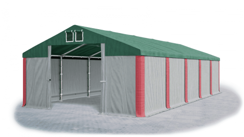 Garážový stan 4x8x2m střecha PVC 560g/m2 boky PVC 500g/m2 konstrukce ZIMA - Barva střešní plachty: Zelená, Barva boční plachty: Šedá, Barva svislých pruhů: Červená