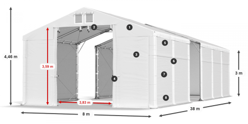 Skladový stan 8x38x3m střecha PVC 620g/m2 boky PVC 620g/m2 konstrukce POLÁRNÍ