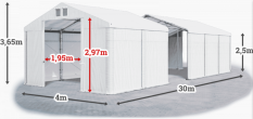 Skladový stan 4x30x2,5m střecha PVC 620g/m2 boky PVC 620g/m2 konstrukce ZIMA PLUS