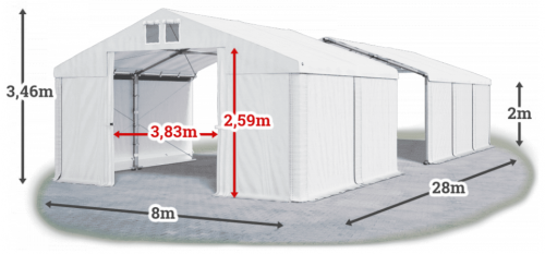 Skladový stan 8x28x2m střecha PVC 560g/m2 boky PVC 500g/m2 konstrukce ZIMA PLUS