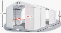 Skladový stan 6x30x4m střecha PVC 560g/m2 boky PVC 500g/m2 konstrukce POLÁRNÍ PLUS