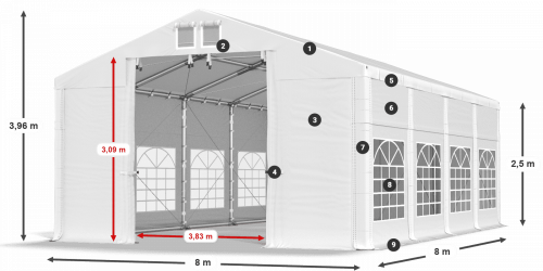 Párty stan 8x8x2,5m střecha PVC 620g/m2 boky PVC 620g/m2 konstrukce ZIMA PLUS