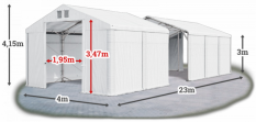 Skladový stan 4x23x3m střecha PVC 580g/m2 boky PVC 500g/m2 konstrukce POLÁRNÍ PLUS