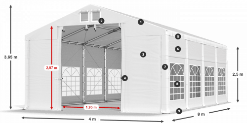 Párty stan 4x8x2,5m střecha PVC 620g/m2 boky PVC 620g/m2 konstrukce ZIMA PLUS
