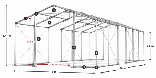 Párty stan 5x50x2,5m střecha PVC 620g/m2 boky PVC 620g/m2 konstrukce ZIMA PLUS