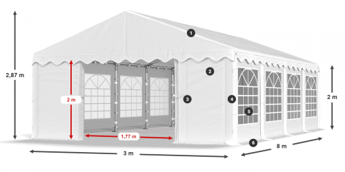 Párty stan 3x8x2m střecha PE 240g/m2 boky PE 240g/m2 konstrukce LÉTO - Barva střešní plachty: Bílá, Barva boční plachty: Ekru, Barva svislých pruhů: Zelená