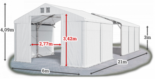 Skladový stan 6x21x3m strecha PVC 580g/m2 boky PVC 500g/m2 konštrukcia POLÁRNA PLUS