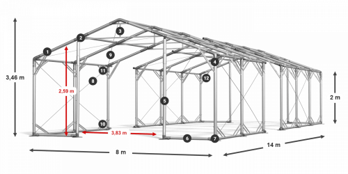 Skladový stan 8x14x2m strecha PVC 580g/m2 boky PVC 500g/m2 konštrukcia POLÁRNA PLUS