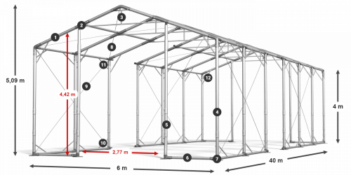 Skladový stan 6x40x4m strecha PVC 580g/m2 boky PVC 500g/m2 konštrukcia POLÁRNA