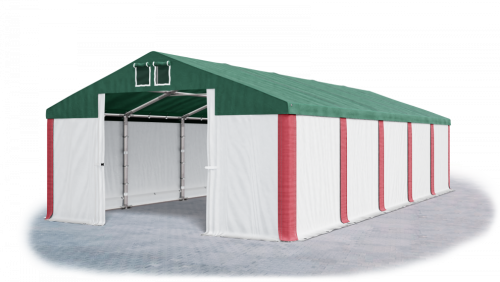 Garážový stan 4x8x2m střecha PVC 560g/m2 boky PVC 500g/m2 konstrukce ZIMA - Barva střešní plachty: Zelená, Barva boční plachty: Bílá, Barva svislých pruhů: Červená