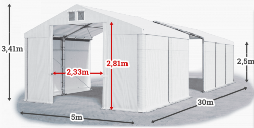 Skladový stan 5x30x2,5m střecha PVC 620g/m2 boky PVC 620g/m2 konstrukce ZIMA PLUS
