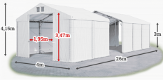 Skladový stan 4x26x3m strecha PVC 560g/m2 boky PVC 500g/m2 konštrukcia POLÁRNA