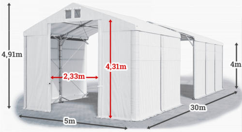 Skladový stan 5x30x4m střecha PVC 560g/m2 boky PVC 500g/m2 konstrukce POLÁRNÍ PLUS