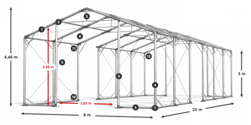 Skladový stan 8x20x3m strecha PVC 580g/m2 boky PVC 500g/m2 konštrukcia POLÁRNA