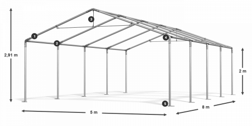 Skladový stan 5x8x2m střecha PE 240g/m2 boky PE 240g/m2 konstrukce LÉTO