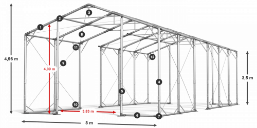 Skladový stan 8x80x3,5m střecha PVC 560g/m2 boky PVC 500g/m2 konstrukce POLÁRNÍ