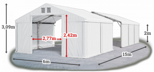 Skladový stan 6x15x2m střecha PVC 580g/m2 boky PVC 500g/m2 konstrukce POLÁRNÍ