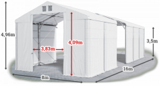 Skladový stan 8x16x3,5m strecha PVC 560g/m2 boky PVC 500g/m2 konštrukcia POLÁRNA PLUS