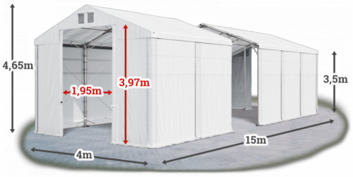 Skladový stan 4x15x3,5m střecha PVC 580g/m2 boky PVC 500g/m2 konstrukce POLÁRNÍ
