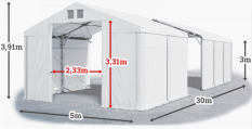 Skladový stan 5x30x3m střecha PVC 560g/m2 boky PVC 500g/m2 konstrukce POLÁRNÍ PLUS