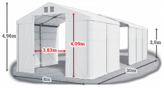 Skladový stan 8x30x3,5m střecha PVC 560g/m2 boky PVC 500g/m2 konstrukce ZIMA PLUS