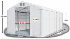 Skladový stan 8x9x4m střecha PVC 580g/m2 boky PVC 500g/m2 konstrukce POLÁRNÍ PLUS