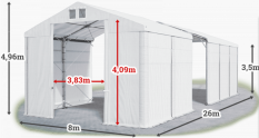 Skladový stan 8x26x3,5m střecha PVC 620g/m2 boky PVC 620g/m2 konstrukce POLÁRNÍ