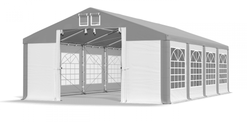 Párty stan 4x10x2,5m střecha PVC 580g/m2 boky PVC 500g/m2 konstrukce ZIMA PLUS - Barva střešní plachty: Šedá, Barva boční plachty: Bílá, Barva svislých pruhů: Šedá