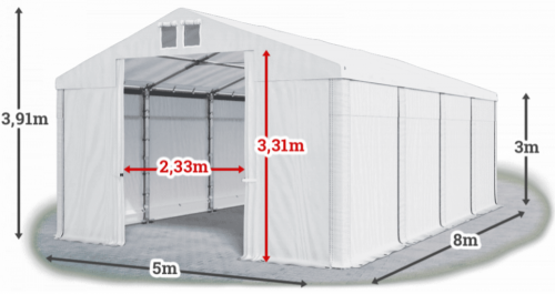Skladový stan 5x8x3m střecha PVC 620g/m2 boky PVC 620g/m2 konstrukce ZIMA