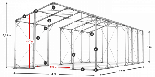 Skladový stan 4x18x4m strecha PVC 580g/m2 boky PVC 500g/m2 konštrukcia POLÁRNA