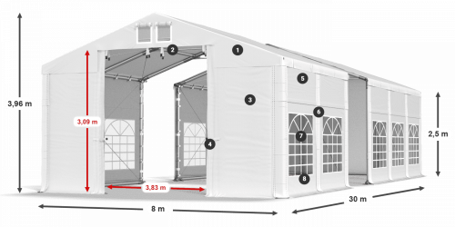 Párty stan 8x30x2,5m střecha PVC 580g/m2 boky PVC 500g/m2 konstrukce ZIMA PLUS