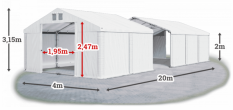 Skladový stan 4x20x2m střecha PVC 560g/m2 boky PVC 500g/m2 konstrukce LÉTO PLUS
