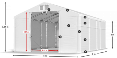 Skladový stan 5x7x3m střecha PVC 620g/m2 boky PVC 620g/m2 konstrukce POLÁRNÍ PLUS