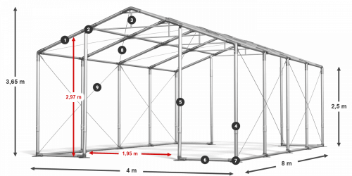 Párty stan 4x8x2,5m strecha PVC 620g/m2 boky PVC 620g/m2 konštrukcia ZIMA PLUS