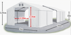 Skladový stan 5x26x2m střecha PVC 560g/m2 boky PVC 500g/m2 konstrukce ZIMA PLUS