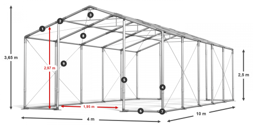 Párty stan 4x10x2,5m střecha PVC 620g/m2 boky PVC 620g/m2 konstrukce ZIMA PLUS - Barva střešní plachty: Šedá, Barva boční plachty: Bílá, Barva svislých pruhů: Zelená