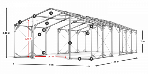 Skladový stan 8x26x2m strecha PVC 620g/m2 boky PVC 620g/m2 konštrukcia POLÁRNA PLUS