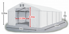 Skladový stan 5x10x2m střecha PVC 560g/m2 boky PVC 500g/m2 konstrukce POLÁRNÍ PLUS